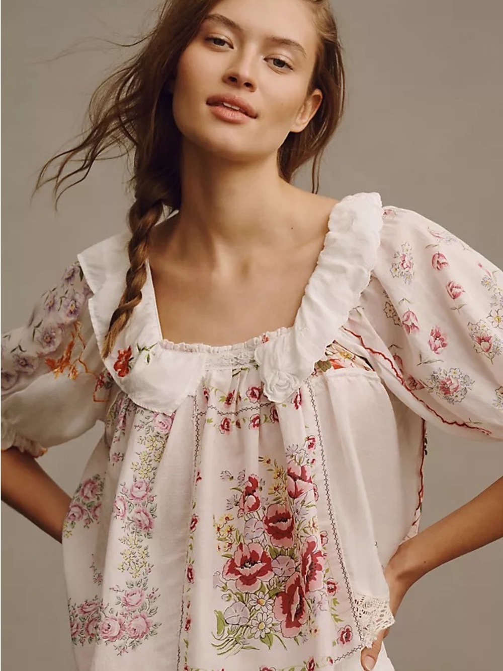 By Anthropologie Floral Ruffle Square-Neck Blouse - White with Pink & Red
